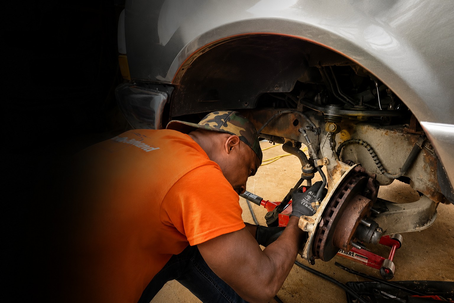 Ronnie performing brake repair on a customer vehicle
